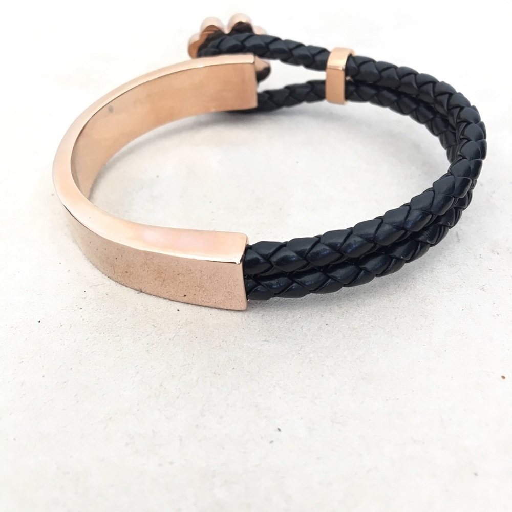 Four Leaf Clover Rose Gold Cz Leather Bracelet - Picture 9 of 10
